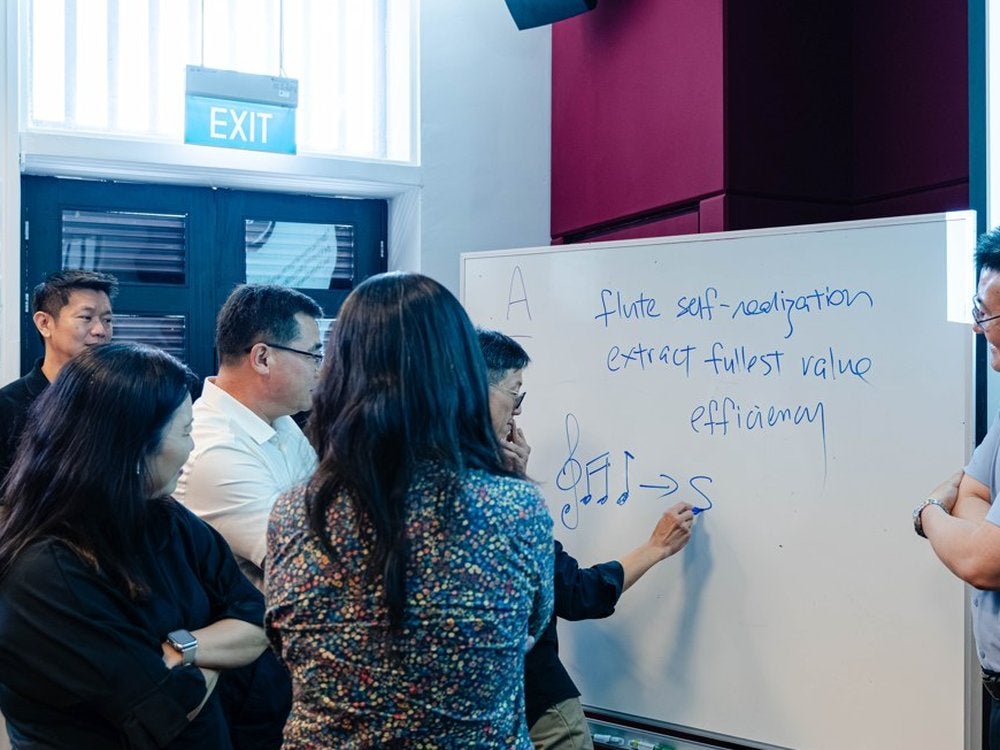 Participants discussing at a whiteboard during a comparative country studies session